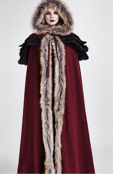 Winter Cape Coat, Red Fur, Hooded Cloak, Viking Woman, Punk Rave, Suede ...