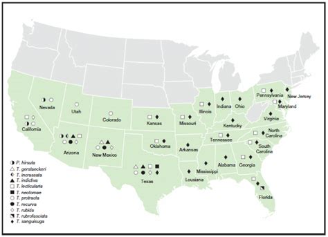 Map of distribution of kissing bug species in the Continental United ...