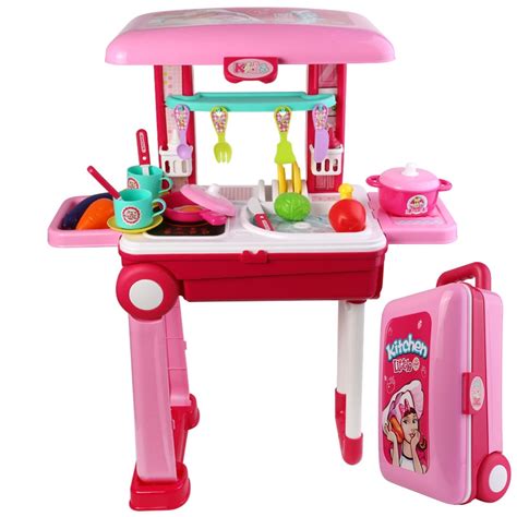 Kids Play Kitchen Set with Lights and Sounds, 2 IN 1 Portable Kitchen Playset with Food ...