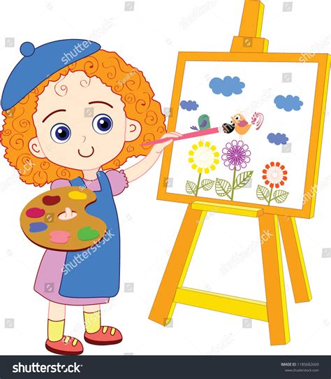 Painting Girl Drawing Colored Cartoon Cute: ilustración de stock ...