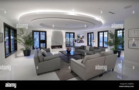 Spacious Big Living Room Of Luxurious Estate With Wooden Elements ...