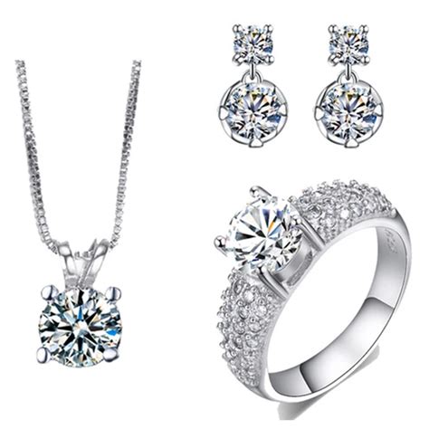 AAA Cubic Zirconia Necklace And Earring Set White Gold color Ring Sets Wedding Jewelry Set CZ ...