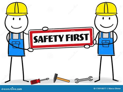 Two Construction Worker with a Safety First Sign Stock Illustration - Illustration of machinery ...