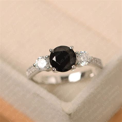 Black Spinel Ring Sterling Silver Engagement Ring Round - Etsy