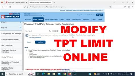 How to increase Third party Transfer Limit online HDFC | Decrease TPT ...