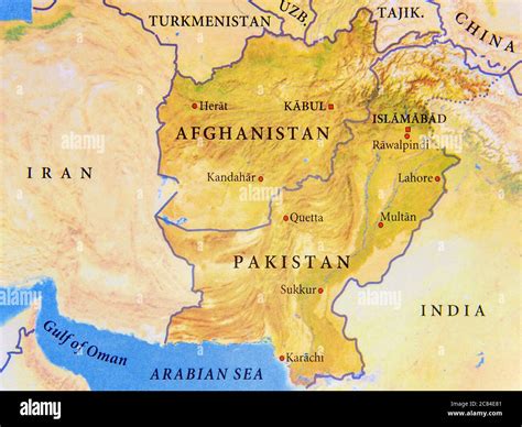 Geographic map of Afghanistan and Pakistan with important cities Stock ...