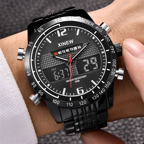 NEW Dual Time Watch for Mens Brand XINEW 8025 Stainless Steel Analog Digital LED Display Day ...