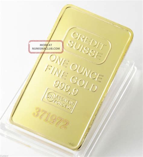 1 Oz 24k. 999 Rare Credit Suisse Pure Solid, Gold Plated Bullion Bar Ingot