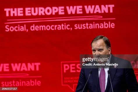 PES President Stefan Löfven delivers his speech during the 2024 PES... News Photo - Getty Images