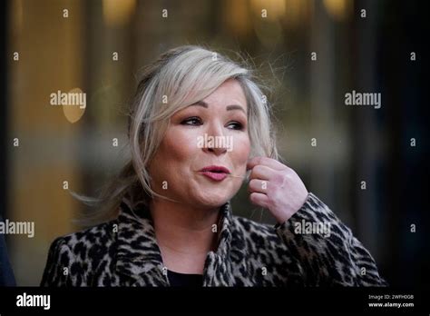 Sinn Fein vice-president Michelle O'Neill speaking to the media outside the Grand Central Hotel ...