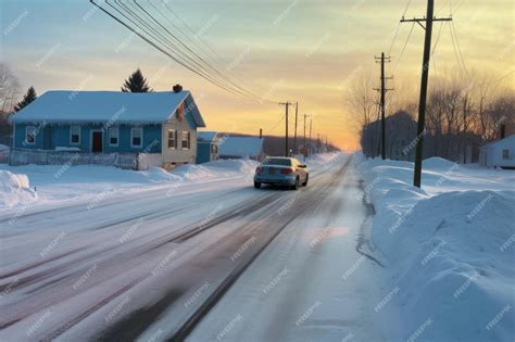 Premium AI Image | Car skidding marks on an icy road with snowbanks created with generative ai