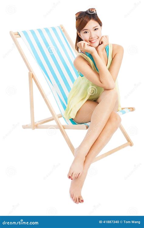 Young Woman Smiling and Sitting on a Beach Chair Stock Photo - Image of people, rear: 41887340