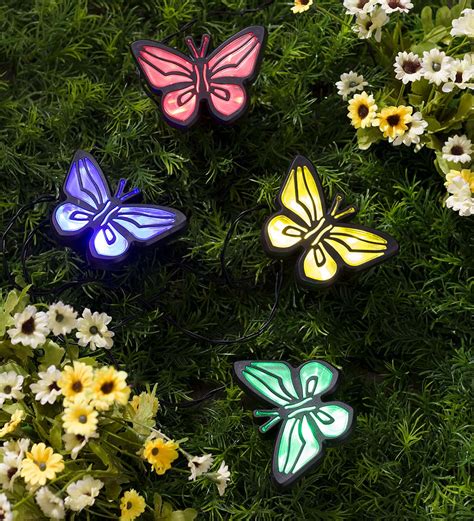 String of Four Solar Lighted Butterfly Garden Stakes with Solar Panel Stake | Eligible for ...