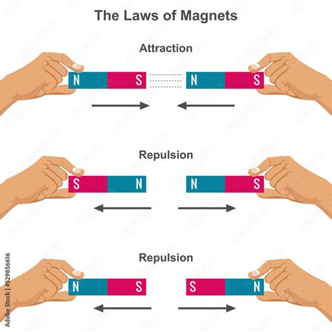 Magnetic attraction and repulsion force, Law of Magnets vector ...