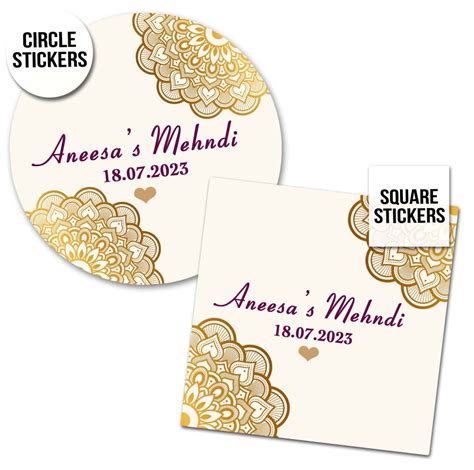 Personalised Mehndi Stickers Wedding Labels Mandala Hearts