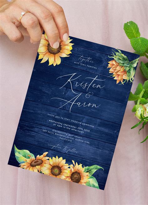 Download Printable Navy Blue Wood Sunflower Wedding Invitation PDF