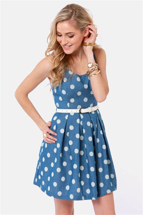 Blue Polka Dot Dress, Classic Polka Dot Spring Dress, Blue Belt Dress