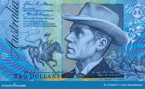 Portrait of Reverend Banjo Paterson from Australian 10 Dollar. Stock Image - Image of numbers ...