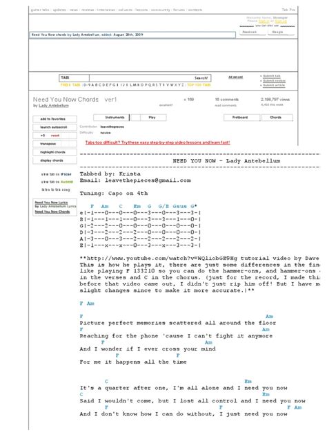 Need You Now Chords by Lady Antebellum at Ultimate-Guitar | PDF