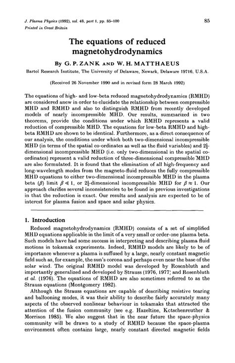 (PDF) The equations of reduced magnetohydrodynamics