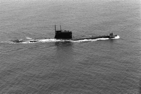 A starboard beam view of a Soviet Foxtrot-class submarine underway ...