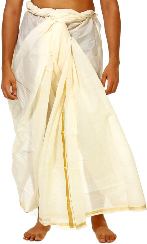 Cream Dhoti from Kerala with Golden Thread Weave on Border