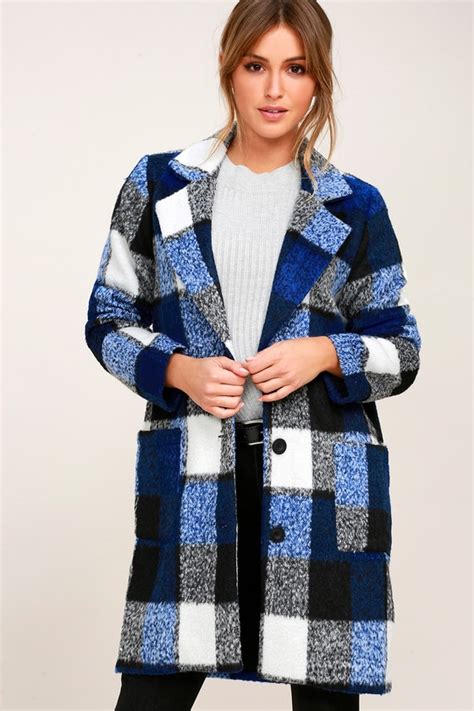 Cozy White and Blue Plaid Coat - Brushed Wool Coat