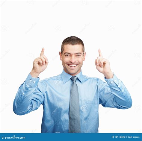 Smiling Man Pointing Upwards at Copyspace on White Stock Photo - Image ...