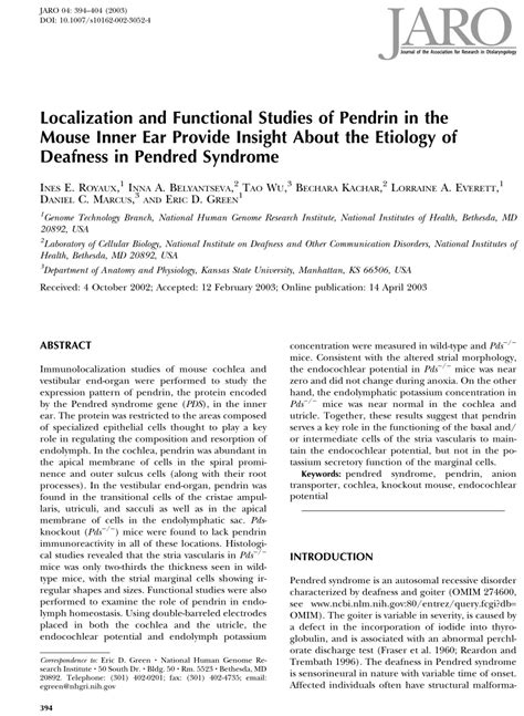 (PDF) Localization and Functional Studies of Pendrin in the Mouse Inner Ear Provide Insight ...