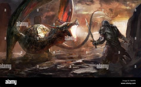 fantasy scene knight fighting dragon Stock Photo - Alamy