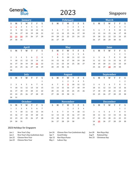 2023 Singapore Calendar with Holidays