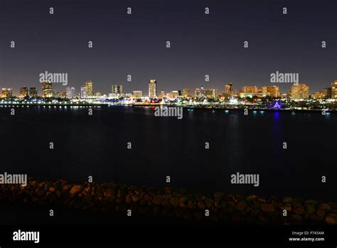 Long Beach skyline at night at Los Angeles Stock Photo - Alamy