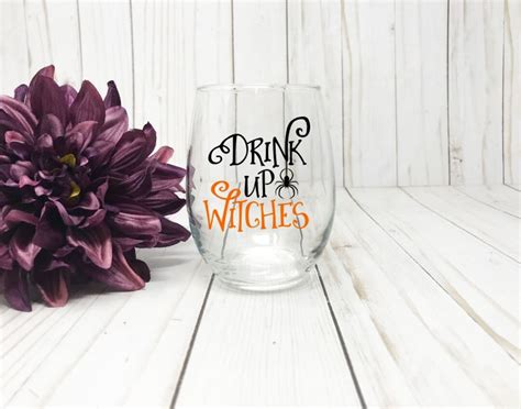 Halloween Wine Glass, Drink up Witches, Drink up Witches Wine Glass, Cute Wine Glass, Halloween ...