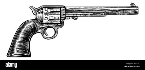 Gun revolver handgun six shooter pistol drawing in a vintage retro Stock Photo: 130840048 - Alamy