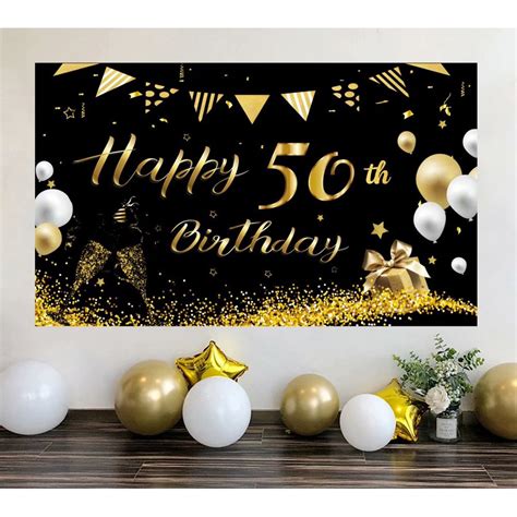 50th Birthday Decoration Party Banner, Happy Birthday Backdrop Large Black Gold Sign Poster 50th ...