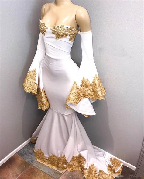 White And Gold Prom Dresses 2019 Mermaid Off The Shoulder Long Sleeve Evening Gowns Bead Lace ...