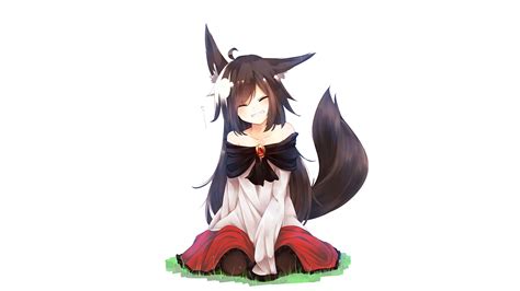 Wallpaper : illustration, simple background, long hair, anime girls, fox girl, smiling, cartoon ...