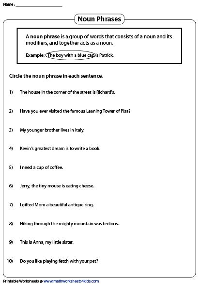 Phrases Worksheets | Expanded noun phrases, Nouns and adjectives, English phrases