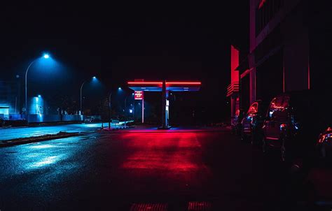 Lights, dark, wet, rain, cars, night, street, neon, gas station HD ...