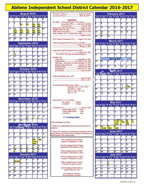 2016 - 2017 District Calendar | Abilene Independent School District ...