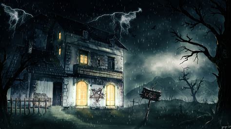 Haunted Night: A Dark HD Wallpaper with Lightning and a Pentagram by gugo78