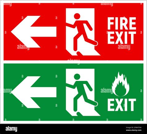 Emergency fire exit sign. Evacuation fire escape door vector sign pictogram arrow exit route ...