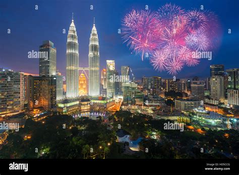 Kuala lumpur skyline with Fireworks celebration New year day 2017 or ...