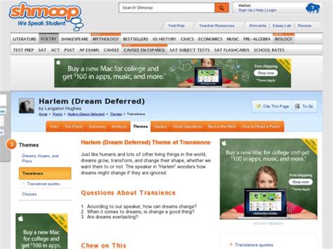 Harlem (Dream Deferred) Theme of Transience Worksheet for 9th - Higher ...