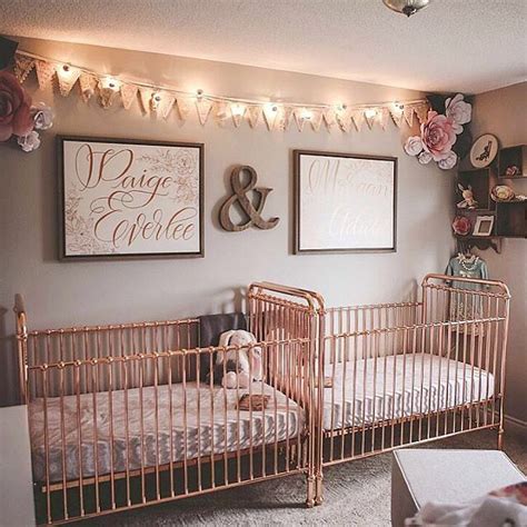 Double the rose gold love in this sweet twins nursery from @emileestucky. | Baby girl nursery ...