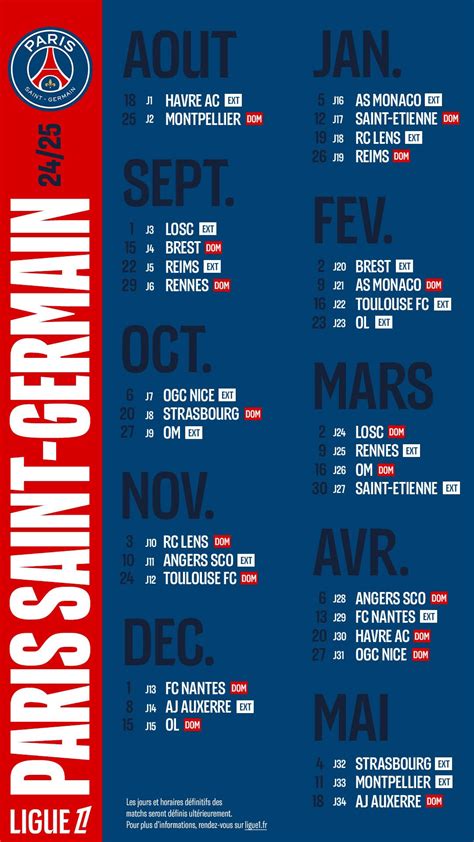 L1 : le calendrier complet du PSG ! - Ligue 1 - Paris PSG