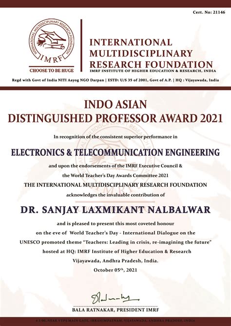 Prof. S. L. Nalbalwar has been awarded ‘Indo Asian distinguished professor award 2021’ – Dr ...