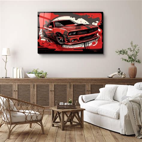 New Dodge Charger Red Cartoonistic Style Glass Wall Art - only $179.00 - Free Shipping - SplendFy