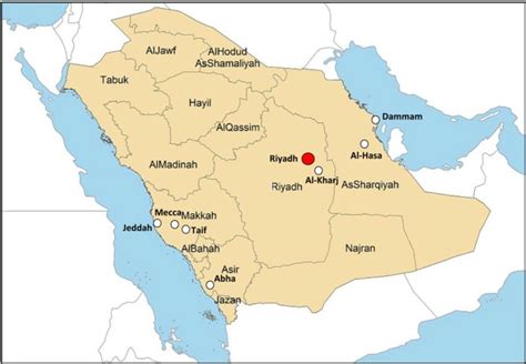 Map showing KSA's 13 administrative regions and one major city in each ...