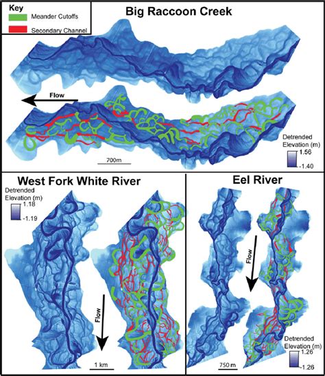 Floodplain channel mapping for three different floodplains. Green ...